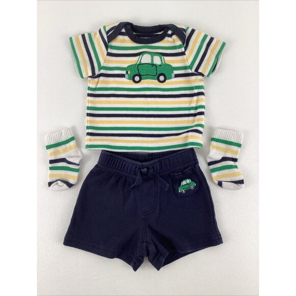 Retired Gymboree 0-3 mos. Car 3 pc. Set Top Shorts Socks Green Stripes 2011